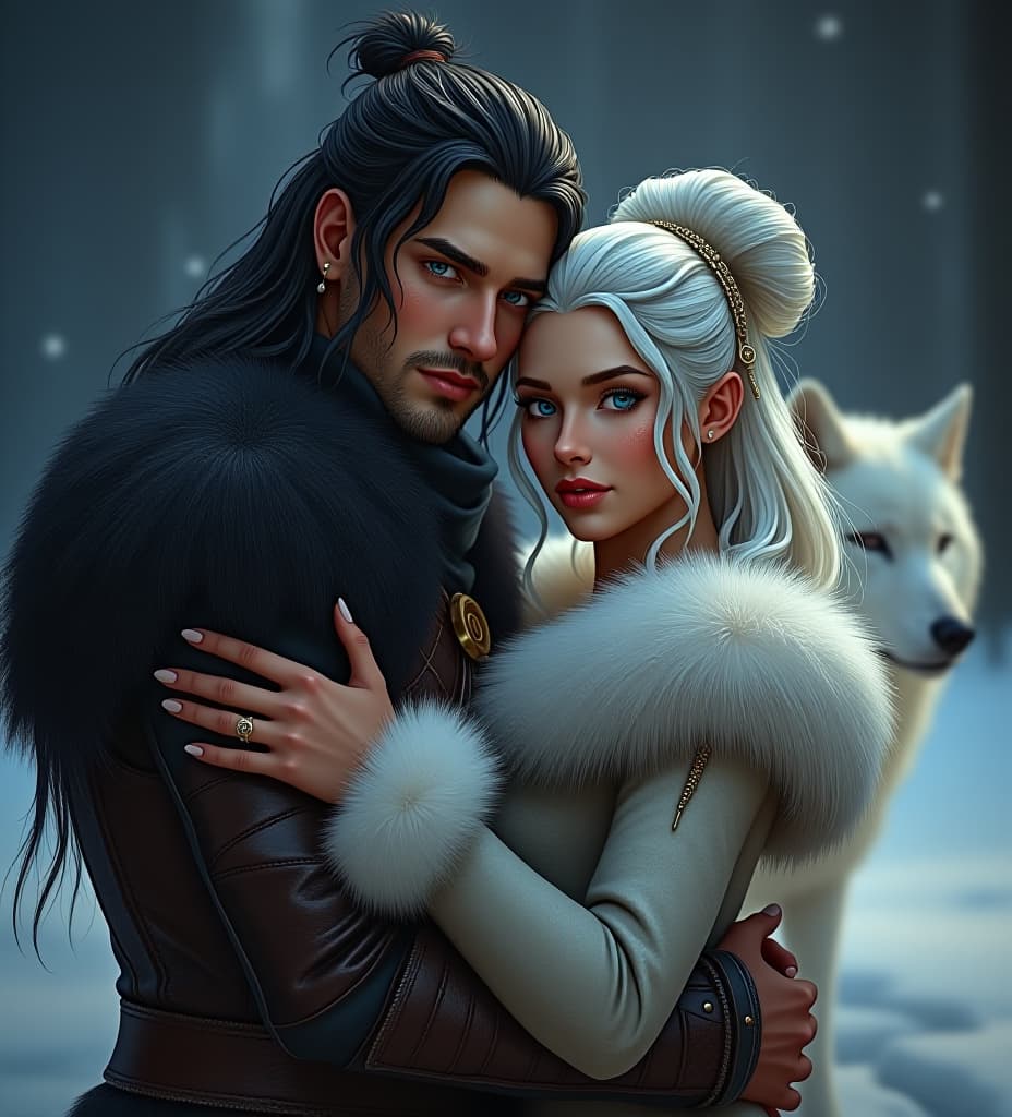  realistic romance couple posing with the text tittled "rejected beta mate, desired alpha consort" by "arinoana" in golden big letters, with a princess white hair in a bun, headpiece, fur coat and a european warrior (leather clothes, tanned skin, long black hair, blue eyes), hugging, white wolf in the background, night, snow, ice, half body shot, eye contact with viewer,