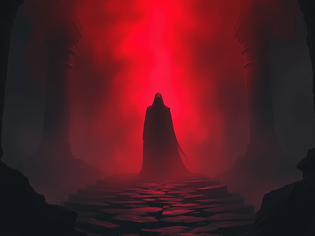  dense red fog enveloping a dark figure, swirling amid ghostly ruins, aura of obscured destiny. the style is digital art illustration / modern comic book / graphic dark novel fantasy and mysterious occult, symbolic, moody lighting, esoteric vibe,high detail on character design. for the color scheme emphasize blacks and reds.