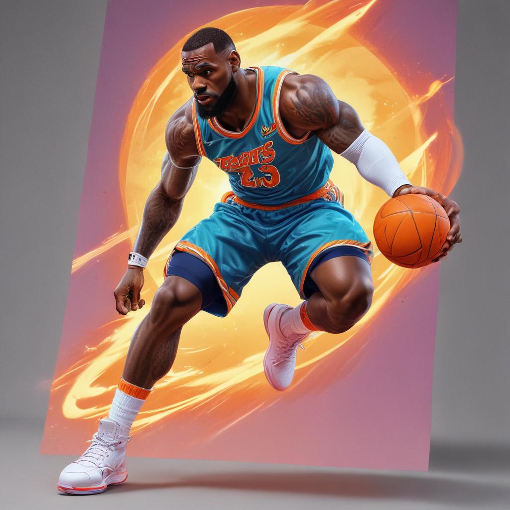 distance-shot, flashy, full-body, dynamic, holographic, animated cartoon poster of lebron james in the style of dragon ball super