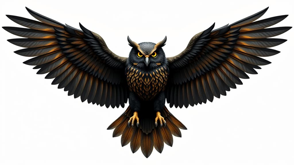  a black and gold owl with wings spread