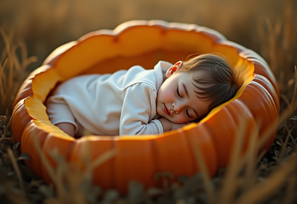  hyperrealistic art the little girl in the white pajamas sleeps in the pumpkin, in the field. . extremely high resolution details, photographic, realism pushed to extreme, fine texture, incredibly lifelike hyperrealistic, full body, detailed clothing, highly detailed, cinematic lighting, stunningly beautiful, intricate, sharp focus, f/1. 8, 85mm, (centered image composition), (professionally color graded), ((bright soft diffused light)), volumetric fog, trending on instagram, trending on tumblr, HDR 4K, 8K