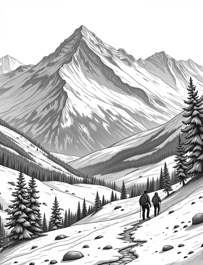  this is for an adult coloring page. a detailed black and white line art of a snowy snow covered valley with a group of hikers walking on a solid white background.