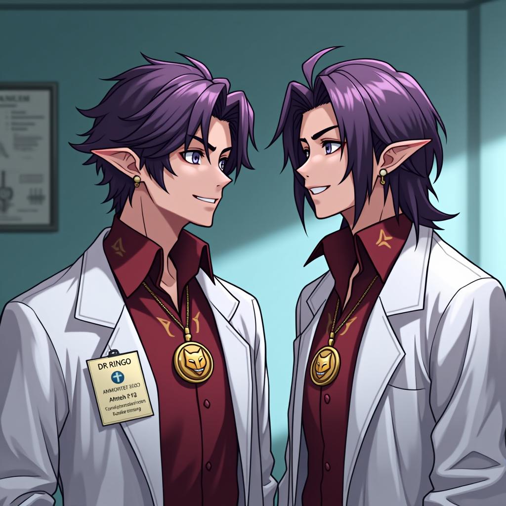  manga style in the hospital room, dr. ringo, a young mature dark elf man with marble white skin, purple hair, ringo wears a disheveled medium length hairstyle, pointed tips of ears, lavender eyes, is dressed in a burgundy shirt with gold embroidery, in addition, he is wearing a white medical coat. attached to the top of the left breast pocket is a medium sized rectangular badge made of transparent plastic, inside which is a medium sized piece of paper with his name on it, and ringo also has a medium sized silver moon shaped earring in his right ear. he wears a gold chain with a medium sized gold medallion around his neck. the medallion depicts a maliciously grinning fox face, with a warm smile he approached his younger brother amroth, a you