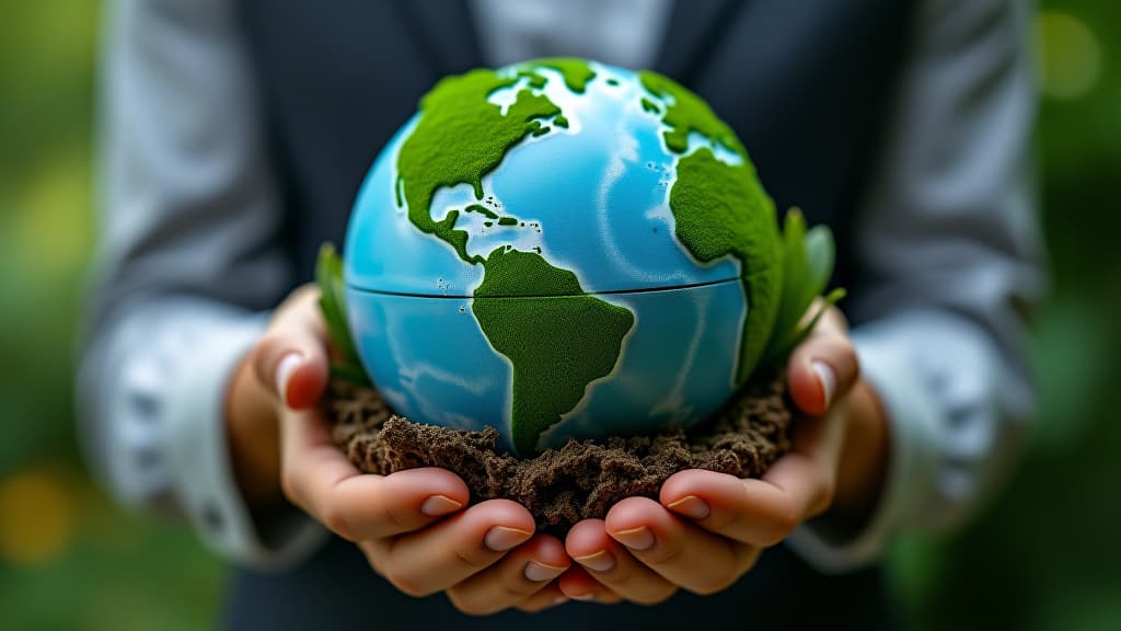  corporate professional nurturing the planet with a globe model surrounded by greenery, symbolizing sustainability and responsibility.