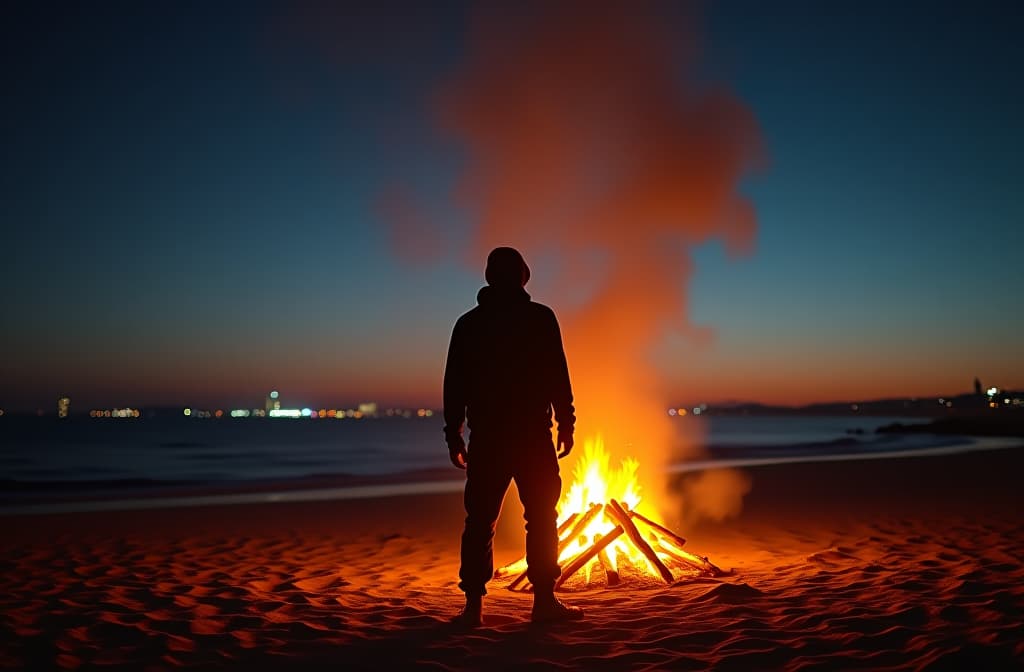  bonfire on beach cyberpunk night city ar 9:16 v 6.1 hyperrealistic, full body, detailed clothing, highly detailed, cinematic lighting, stunningly beautiful, intricate, sharp focus, f/1. 8, 85mm, (centered image composition), (professionally color graded), ((bright soft diffused light)), volumetric fog, trending on instagram, trending on tumblr, HDR 4K, 8K