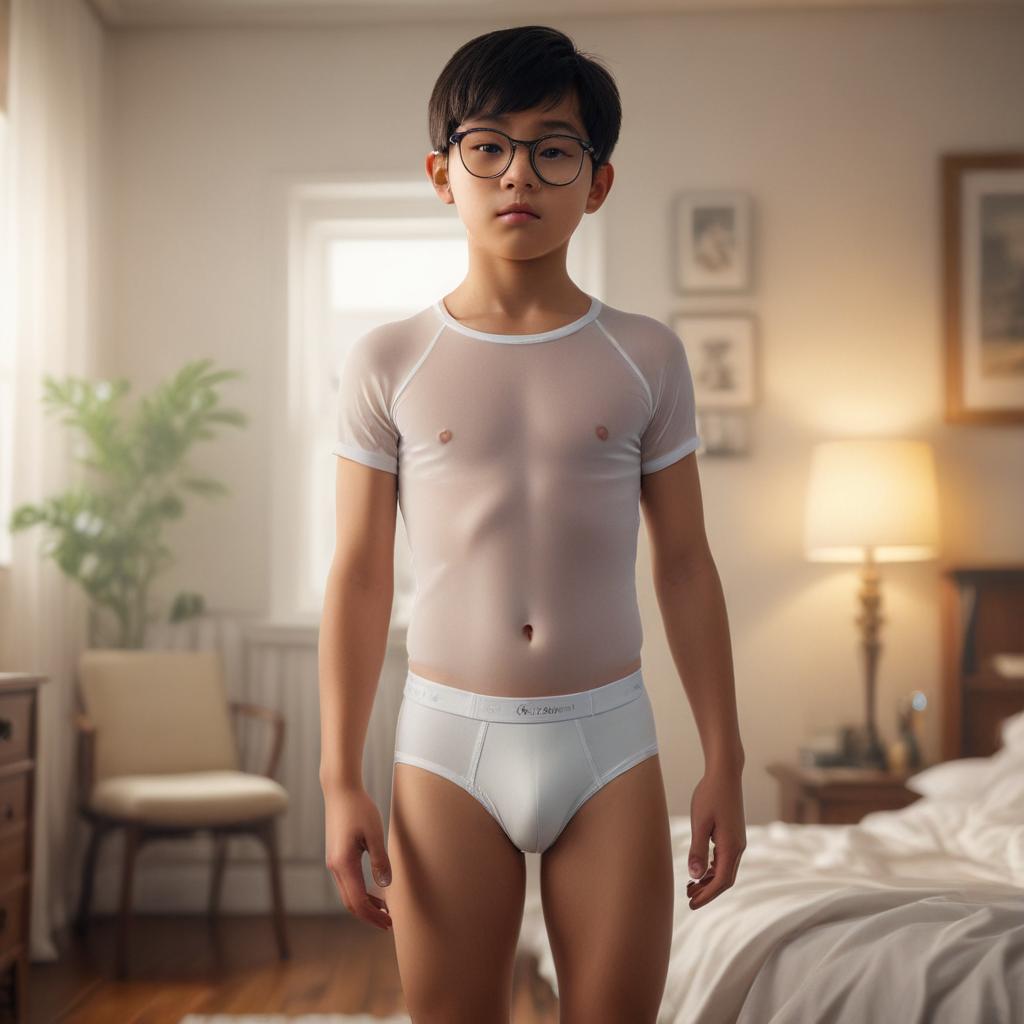 ((masterpiece)), (((best quality))), 8k, high detailed, ultra detailed, A 10 year old Asian boy wearing 1980s white briefs in a room with glasses, boy, ((Asian ethnicity)), ((10 years old)), ((1980s white briefs)), room, glasses hyperrealistic, full body, detailed clothing, highly detailed, cinematic lighting, stunningly beautiful, intricate, sharp focus, f/1. 8, 85mm, (centered image composition), (professionally color graded), ((bright soft diffused light)), volumetric fog, trending on instagram, trending on tumblr, HDR 4K, 8K