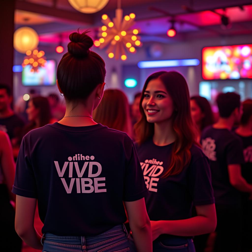  there are many girls in the lounge bar wearing t shirts with the vivid vibe logo.