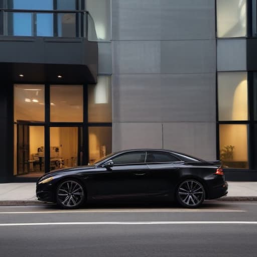 A photo of a sleek, black luxury car parked in front of a modern law firm office building in the early evening, with the warm glow of street lamps casting a subtle yet dramatic lighting effect.