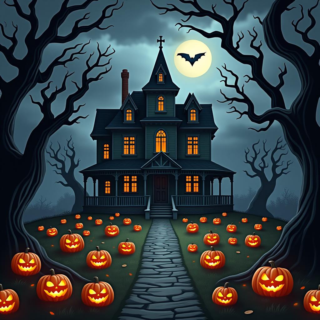  create a seamless digital painting of a spooky, halloween themed scene featuring a haunted house with gothic architecture. the house should be surrounded by twisted, gnarled trees and a multitude of jack o' lanterns. the scene should include a dark, cloudy sky to enhance the eerie atmosphere. the overall style should be detailed and atmospheric, capturing the essence of a haunted, creepy environment perfect for halloween, ensuring the design is seamless for use in repeating patterns or wraps.