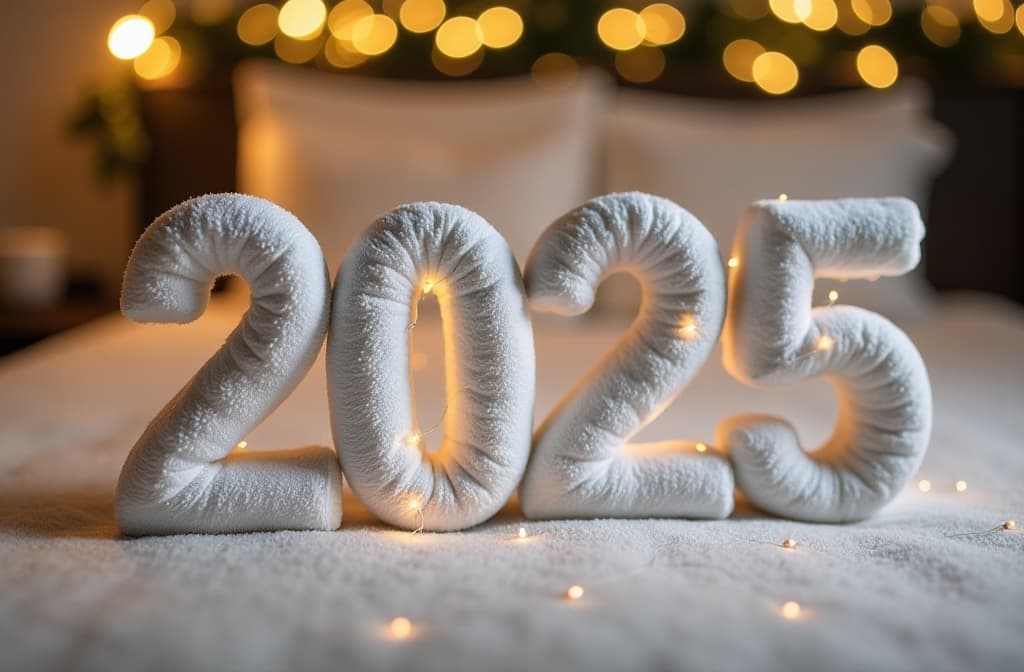  numbers 2025 from soft towels, banner for hotel business, festive new year atmosphere, realistic photo, {prompt}, maximum details