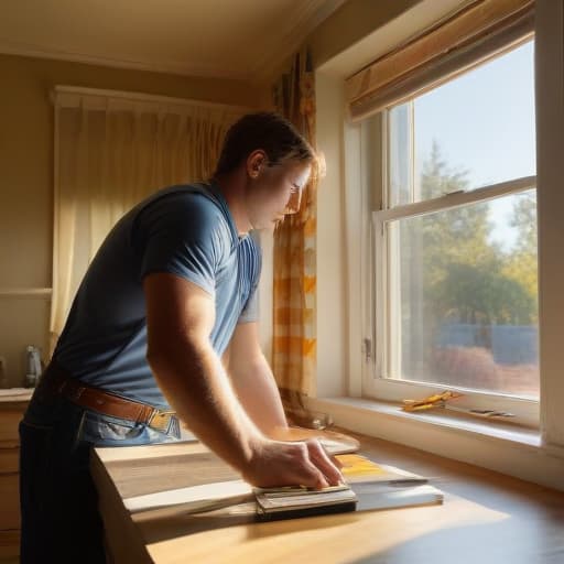 A photo of a skilled window installer meticulously measuring a replacement window in a cozy suburban home office during the late afternoon, with warm sunlight streaming through the curtains creating soft, golden highlights and shadows on the installer's focused expression and the tools laid out on the desk.