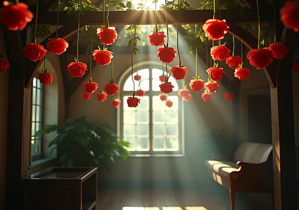  a serene, sun drenched room adorned with vibrant, upside down hanging roses, their petals glistening with dew, casting delicate shadows on vintage wooden beams, creating an ethereal ambiance of tranquility and mystery. hyperrealistic, full body, detailed clothing, highly detailed, cinematic lighting, stunningly beautiful, intricate, sharp focus, f/1. 8, 85mm, (centered image composition), (professionally color graded), ((bright soft diffused light)), volumetric fog, trending on instagram, trending on tumblr, HDR 4K, 8K