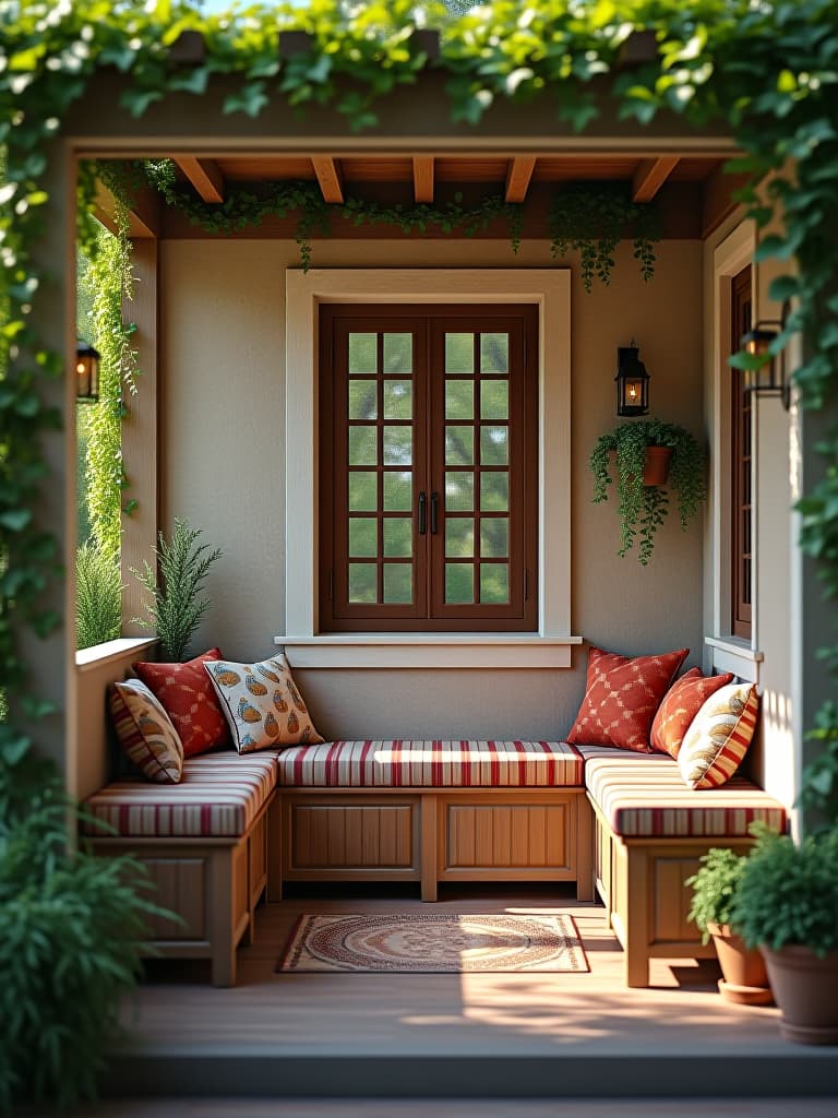  high quality portrait photo of a small corner porch with a built in l shaped bench, colorful cushions, and overhead pergola with climbing vines, viewed from a slight bird's eye angle hyperrealistic, full body, detailed clothing, highly detailed, cinematic lighting, stunningly beautiful, intricate, sharp focus, f/1. 8, 85mm, (centered image composition), (professionally color graded), ((bright soft diffused light)), volumetric fog, trending on instagram, trending on tumblr, HDR 4K, 8K