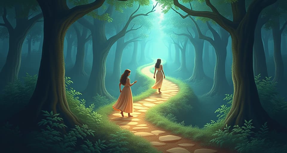  elegant beings overcoming obstacles in a glowing, enchanted forest. bright, winding path ahead, symbolizing the triumph of perseverance.. the style is digital art illustration,highly detailed, whimsical,magical, dreamlike atmosphere, realism and fantasy blend, smooth, glossy textures,luminous quality, wonder and enchantment.