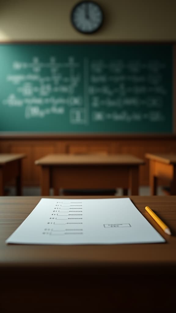  (photorealistic:1.2), (high detail:1.1), stunning digital art, blank test paper on classroom desk with pencil beside it, intense atmosphere of anticipation and focus, chalkboard filled with mathematical equations and clock in background, clear details, best quality, extremely detailed cg 8k wallpaper, volumetric lighting, hyper realistic digital art