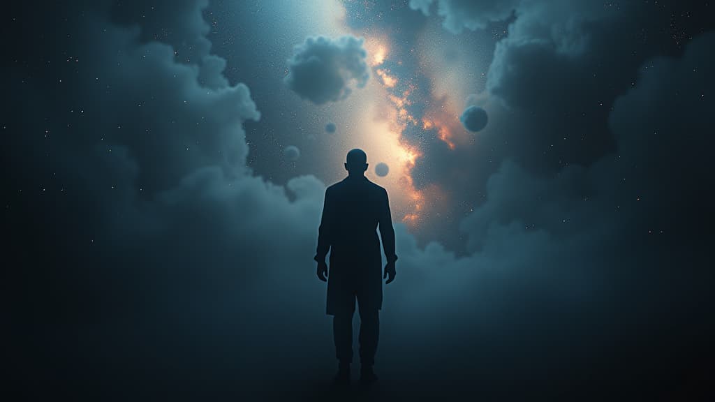  a visualization of dark matter and dark energy in space, representing the unseen forces shaping the universe. hyperrealistic, full body, detailed clothing, highly detailed, cinematic lighting, stunningly beautiful, intricate, sharp focus, f/1. 8, 85mm, (centered image composition), (professionally color graded), ((bright soft diffused light)), volumetric fog, trending on instagram, trending on tumblr, HDR 4K, 8K