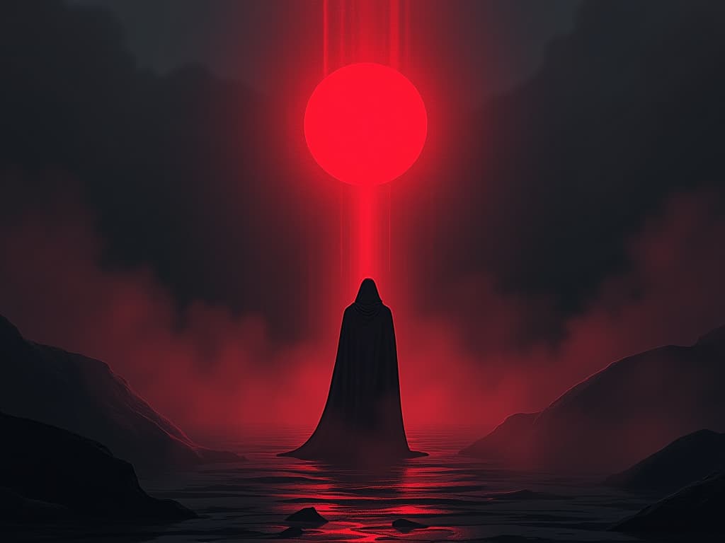  radiant red beacon, surrounded by dark fog, light gradually dimming, mood of tarnishing purity. the style is digital art illustration / modern comic book / graphic dark novel fantasy and mysterious occult, symbolic, moody lighting, esoteric vibe,high detail on character design. for the color scheme emphasize blacks and reds.