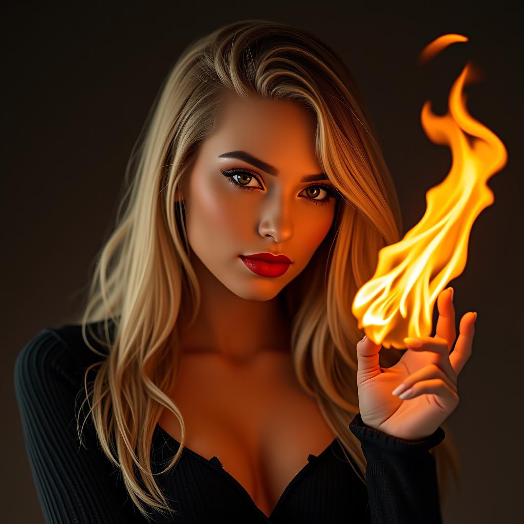  make an image of a woman with long blonde hair and brown eyes and red lipstick wearing black with a fireball