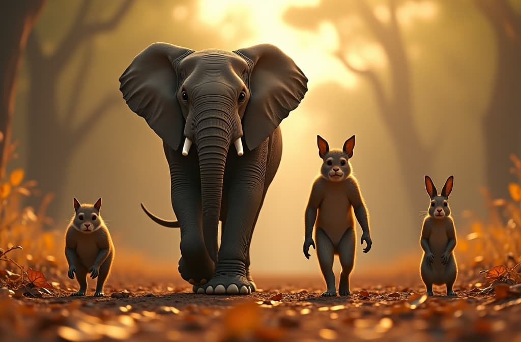  on a scorching morning, the forest had suffered from a lack of rain, leaving the animals parched and struggling without water. the image should be 3d fantasy with wild animals including the elephant, monkey, squirrel and rabbit as main character. the characters should walk in two legs with clothes. hyperrealistic, full body, detailed clothing, highly detailed, cinematic lighting, stunningly beautiful, intricate, sharp focus, f/1. 8, 85mm, (centered image composition), (professionally color graded), ((bright soft diffused light)), volumetric fog, trending on instagram, trending on tumblr, HDR 4K, 8K