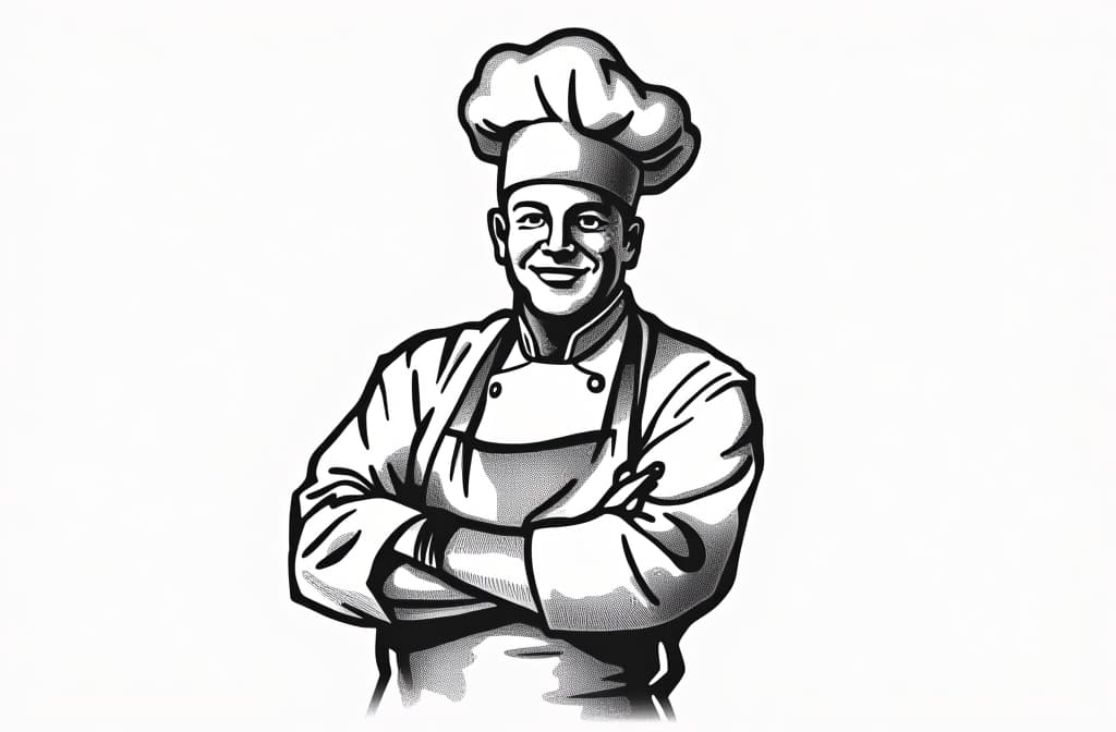  contour, very simple image in one unbroken black ink line, single line of silhouette of a chef in a chef's hat and apron. restaurant logo ar 3:2 using a single continuous black line ink brushon white background, drawing should be created without lifting the pen, recognizable features of silhouette of a chef in a chef's hat and apron. restaurant logo ar 3:2 in one unbroken line