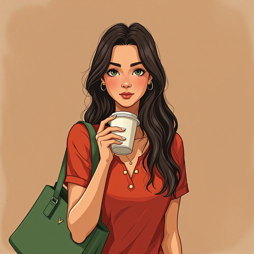  the girl is drinking coffee with a green handbag.