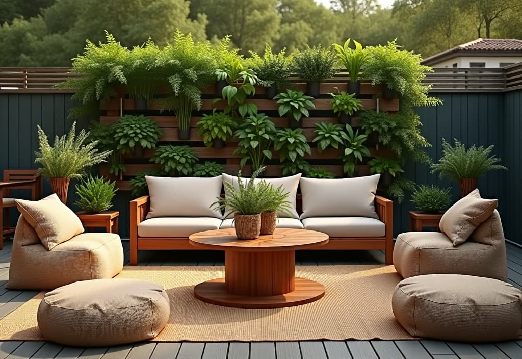  a landscape photo of an inviting outdoor lounge area with a coffee table made from a large wooden cable spool, surrounded by floor cushions and poufs created from repurposed burlap sacks, with a backdrop of a vertical pallet herb garden hyperrealistic, full body, detailed clothing, highly detailed, cinematic lighting, stunningly beautiful, intricate, sharp focus, f/1. 8, 85mm, (centered image composition), (professionally color graded), ((bright soft diffused light)), volumetric fog, trending on instagram, trending on tumblr, HDR 4K, 8K