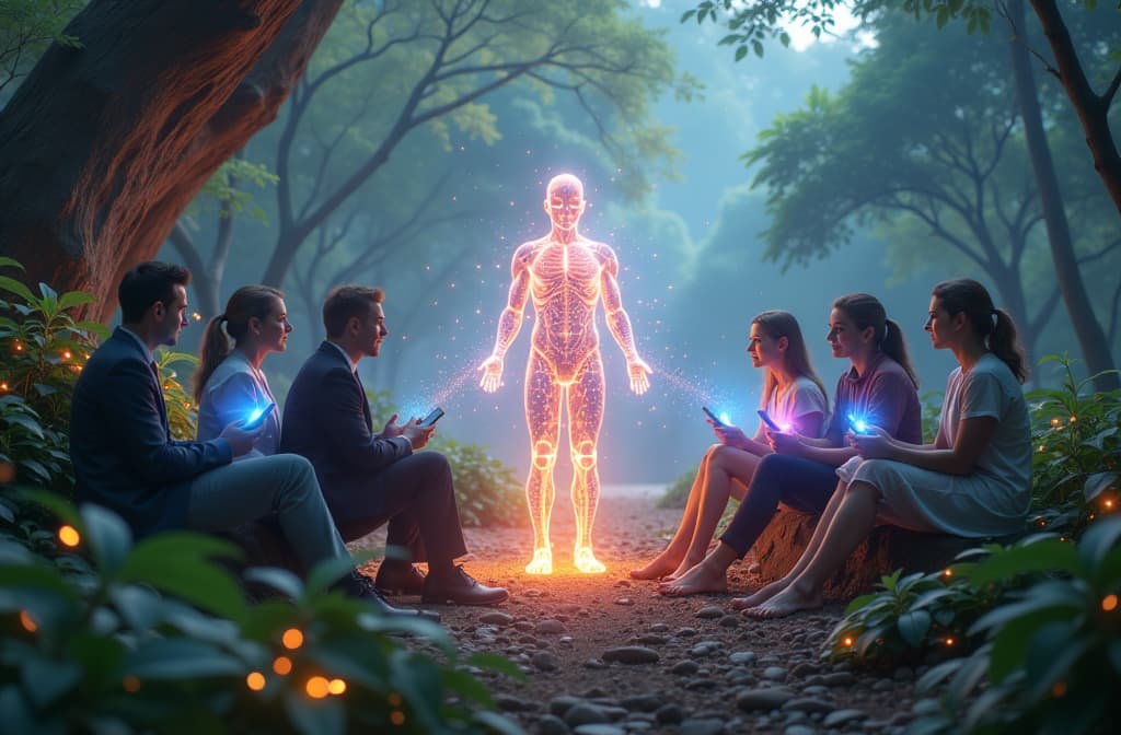  "an ethereal digital landscape where a shimmering, holographic figure represents artificial intelligence, engaging in a vibrant conversation with a diverse group of people. each person holds unique futuristic devices emitting colorful data streams, symbolizing ideas and emotions. the background features soft, flowing circuits and binary code blending with nature, suggesting harmony between technology and humanity." hyperrealistic, full body, detailed clothing, highly detailed, cinematic lighting, stunningly beautiful, intricate, sharp focus, f/1. 8, 85mm, (centered image composition), (professionally color graded), ((bright soft diffused light)), volumetric fog, trending on instagram, trending on tumblr, HDR 4K, 8K