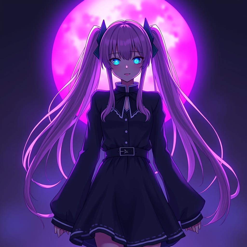  anime artwork a woman with long hair standing in front of a purple light, official splash art, demon black blue purple, beautiful zombie, pink twintail hair and cyan eyes, icon for an ai app, scary lighting, azurite, darker intense, sona, aliased, consist of shadow . anime style, key visual, vibrant, studio anime, highly detailed hyperrealistic, full body, detailed clothing, highly detailed, cinematic lighting, stunningly beautiful, intricate, sharp focus, f/1. 8, 85mm, (centered image composition), (professionally color graded), ((bright soft diffused light)), volumetric fog, trending on instagram, trending on tumblr, HDR 4K, 8K