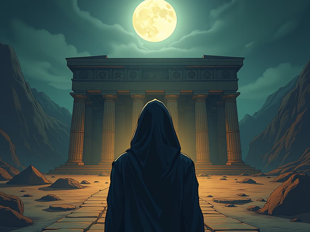  a person, eyes closed, standing in front of an ancient temple, the moonlight unveiling their extraordinary potential, mood of inner discovery. the style is digital art illustration / modern comic book / mysterious occult, symbolic, esoteric vibe,high detail on character design, incorporating ancient egyptian symbology and attire.