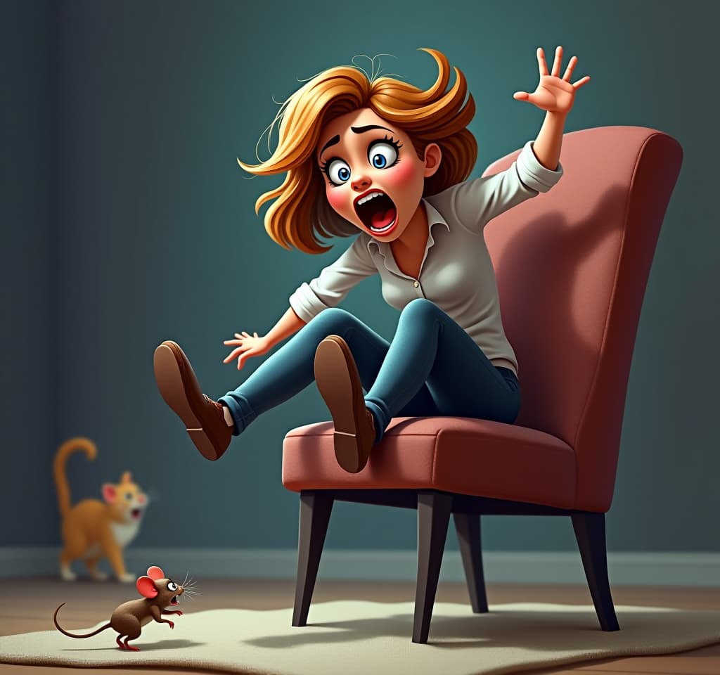  concept art a humorous illustration. a very frightened woman jumped onto a chair with her feet, which is being chased by a small mouse. (a cat laughs in the background:1.3). exaggerated facial expressions and movements, body language, bright colors, cartoon style. . digital artwork, illustrative, painterly, matte painting, highly detailed hyperrealistic, full body, detailed clothing, highly detailed, cinematic lighting, stunningly beautiful, intricate, sharp focus, f/1. 8, 85mm, (centered image composition), (professionally color graded), ((bright soft diffused light)), volumetric fog, trending on instagram, trending on tumblr, HDR 4K, 8K