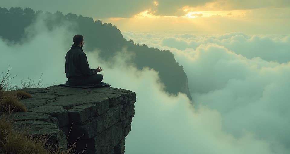  a person meditating on a serene cliffside, rising above dense fog, tranquil surroundings, higher perspective, calm and centered. an illustration in the style of a worn, mystical old tarot trump card, mysterious and elements of surrealism. the colors are muted, somber and eerie, but with contrast bring out an occult and esoteric vibe.