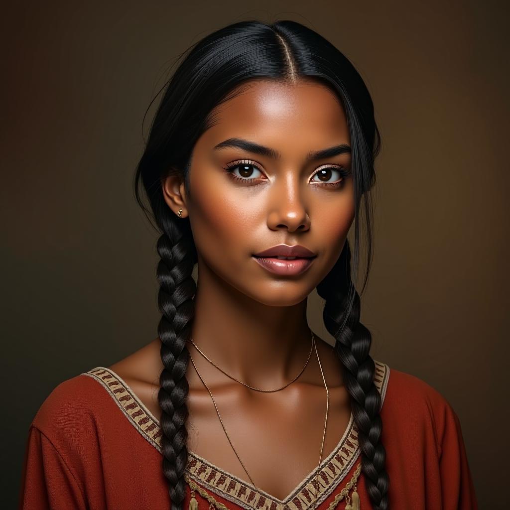  make an image of a native american woman with two brown dutch braids