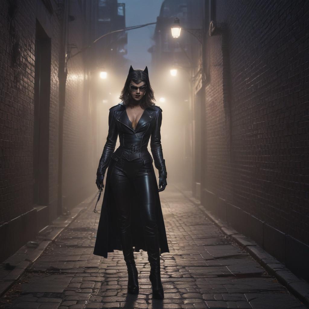 ((masterpiece)),(((best quality))), 8k, high detailed, ultra detailed, Cat Woman kiss, fierce expression, dark alleyway, electric atmosphere, striking contrast hyperrealistic, full body, detailed clothing, highly detailed, cinematic lighting, stunningly beautiful, intricate, sharp focus, f/1. 8, 85mm, (centered image composition), (professionally color graded), ((bright soft diffused light)), volumetric fog, trending on instagram, trending on tumblr, HDR 4K, 8K