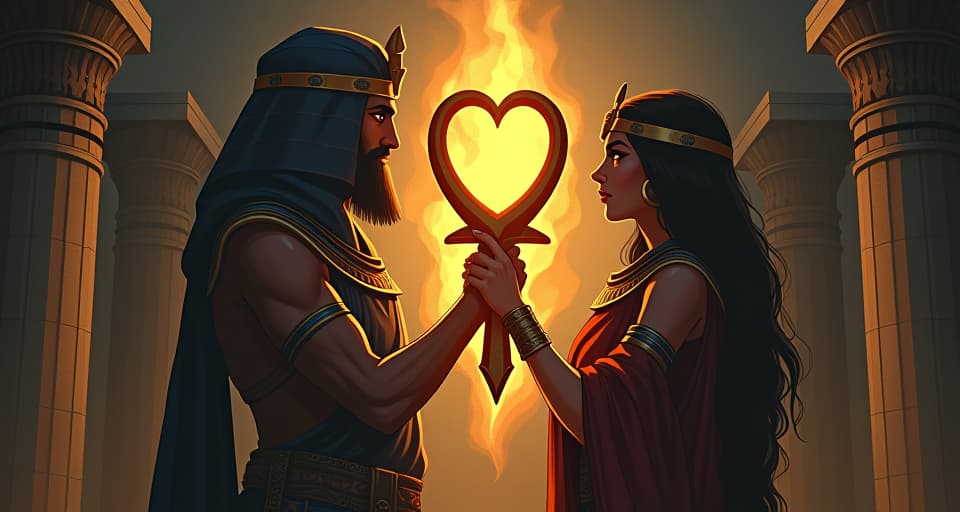  two entwined ankhs, glowing with a mystical aura, symbolizing connection and support, ancient stone backdrop. the style is digital art illustration / modern comic book / mysterious occult, symbolic, esoteric vibe,high detail on character design, incorporating ancient egyptian symbology and attire.