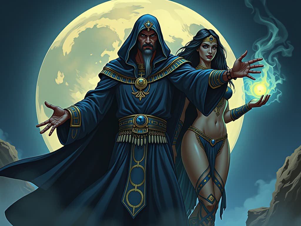  magician conjuring energies under the full moon, large busted sorceress beside him in tight garments, casting inspired spells and invoking cosmic forces, symbolizing inspired action. the style is digital art illustration / modern comic book / mysterious occult, symbolic, esoteric vibe,high detail on character design, incorporating ancient egyptian symbology and attire.