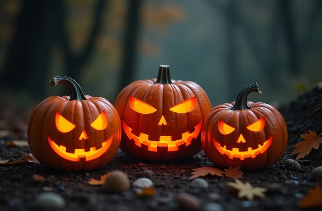  professional detailed photography, set of halloween scary pumpkins cut. spooky creepy pumpkins cut ar 3:2, (muted colors, dim colors, soothing tones), (vsco:0.3)