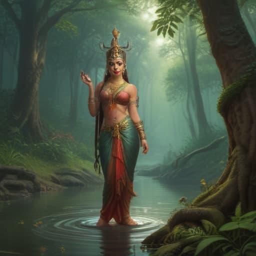 নদীতে ছোট বাচ্চারা সাঁতার কাটে in Mythological style with Forests background