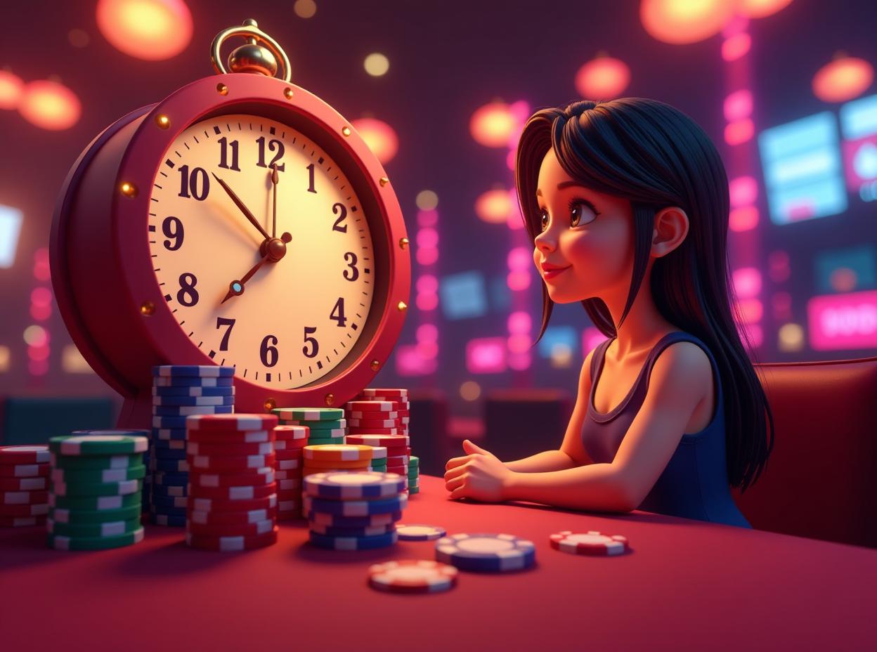  a casino theme with a clock and casino chips with a girl infront won a lottery on a red background with a stream of lights and a neon colored background, andries stock, incoherents, highly detailed digital art, computer graphics, cartoonish, high quality, high details, hd, perfect composition, 4k epic detailed, highly detailed, sharp focus, high resolution