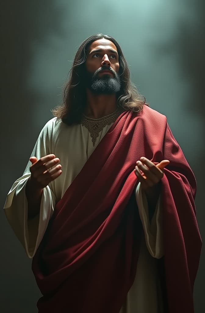  jesus cristo ao meu lado hyperrealistic, full body, detailed clothing, highly detailed, cinematic lighting, stunningly beautiful, intricate, sharp focus, f/1. 8, 85mm, (centered image composition), (professionally color graded), ((bright soft diffused light)), volumetric fog, trending on instagram, trending on tumblr, HDR 4K, 8K