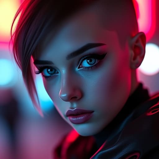  ultra realistic close up portrait ((beautiful pale cyberpunk female with heavy black eyeliner)), blue eyes, shaved side haircut, hyper detail, cinematic lighting, magic neon, dark red city, canon eos r3, nikon, f/1.4, iso 200, 1/160s, 8k, raw, unedited, symmetrical balance, in frame, 8k hyperrealistic, full body, detailed clothing, highly detailed, cinematic lighting, stunningly beautiful, intricate, sharp focus, f/1. 8, 85mm, (centered image composition), (professionally color graded), ((bright soft diffused light)), volumetric fog, trending on instagram, trending on tumblr, HDR 4K, 8K