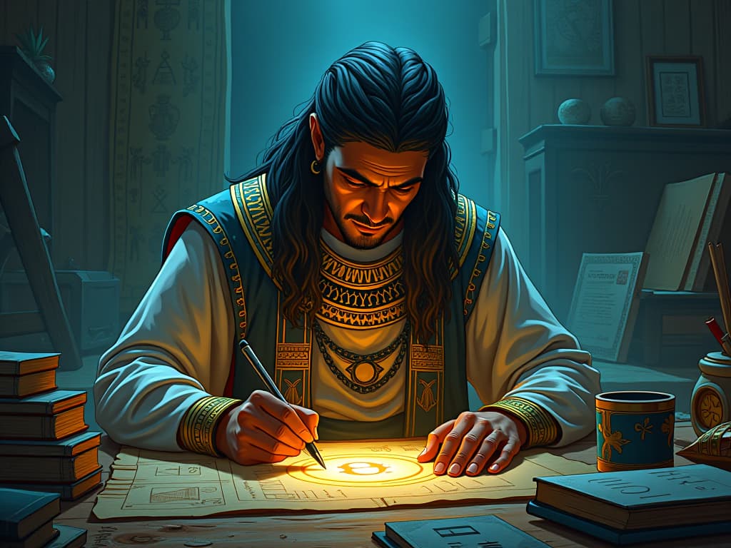  ramanujan focused on writing, intricate mathematical symbols glowing on a parchment, ethereal light illuminating his workspace, aura of discovery and brilliance. the style is digital art illustration / modern comic book / mysterious occult, symbolic, esoteric vibe,high detail on character design, incorporating ancient egyptian symbology and attire.