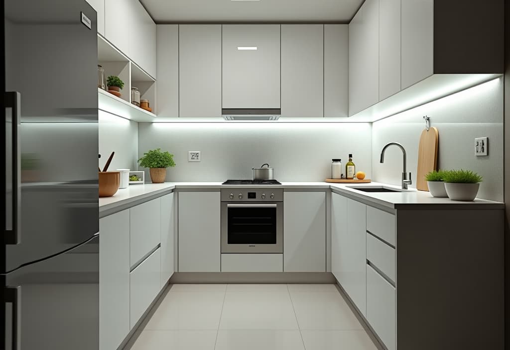  a landscape photo of a compact white kitchen featuring a stylish backsplash, sleek appliances, and clever storage solutions, viewed from a low angle hyperrealistic, full body, detailed clothing, highly detailed, cinematic lighting, stunningly beautiful, intricate, sharp focus, f/1. 8, 85mm, (centered image composition), (professionally color graded), ((bright soft diffused light)), volumetric fog, trending on instagram, trending on tumblr, HDR 4K, 8K