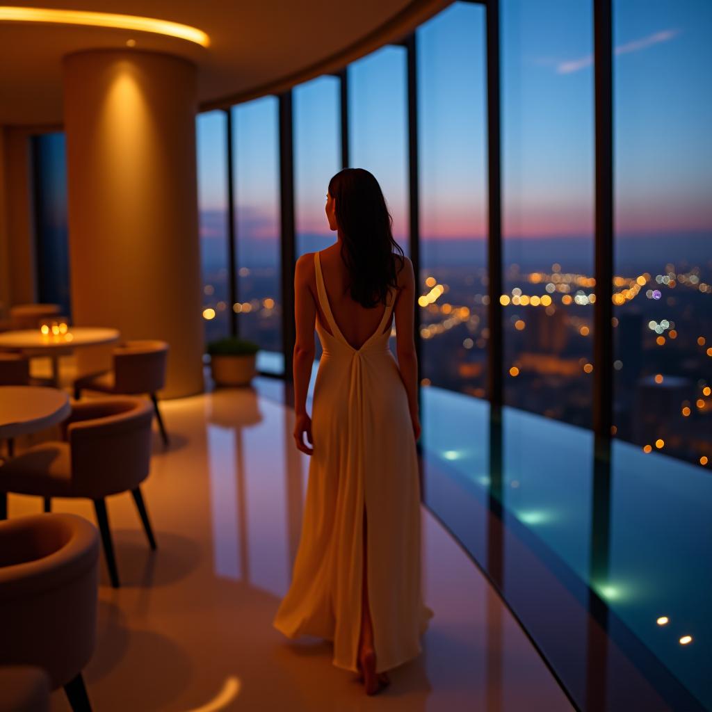  beautiful woman walking on luxury lounge hotel at evening