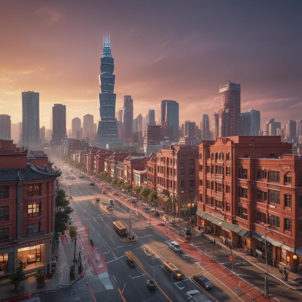 ((masterpiece)),(((best quality))), 8k, high detailed, ultra detailed, Improvements to tourism facilities in Changhua area, a panoramic view of the city skyline, (modern skyscrapers), (traditional red brick buildings), bustling traffic hyperrealistic, full body, detailed clothing, highly detailed, cinematic lighting, stunningly beautiful, intricate, sharp focus, f/1. 8, 85mm, (centered image composition), (professionally color graded), ((bright soft diffused light)), volumetric fog, trending on instagram, trending on tumblr, HDR 4K, 8K