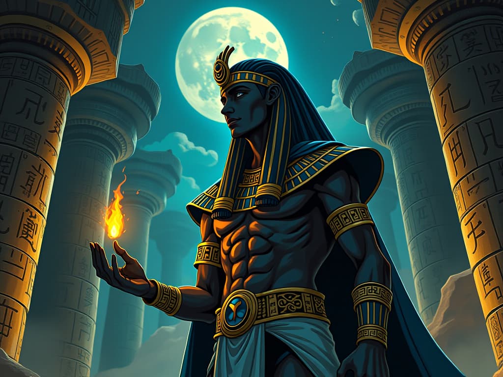  hieroglyphs glowing, ancient texts coming to life, moonlight enhancing mystical symbols, awe inspiring and enigmatic mood. the style is digital art illustration / modern comic book / mysterious occult, symbolic, esoteric vibe,high detail on character design, incorporating ancient egyptian symbology and attire.