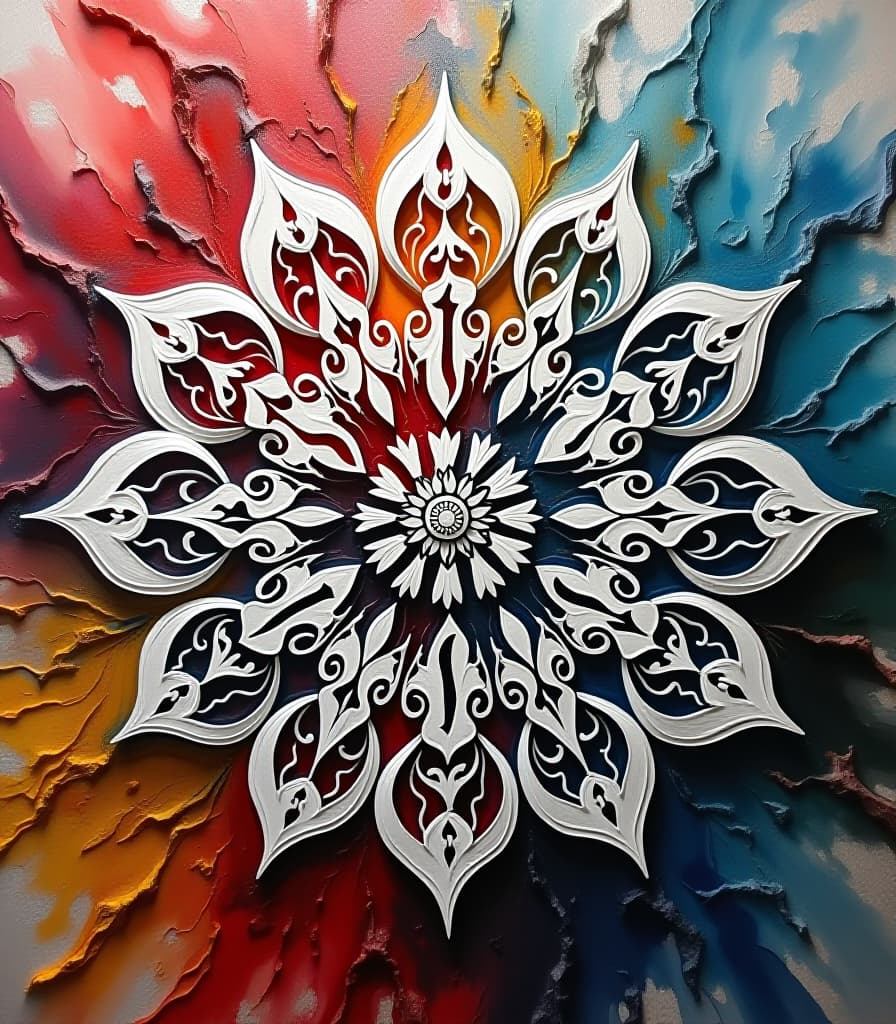  (masterpiece, high resolution, vibrant colors:1.3), dynamic canvas filled with bold, expressive paint, (palette knife technique:1.4), strokes conveying motion and energy, rough textured surface inviting touch, stunning calligram emerging, intricate mandala composed entirely of white gothic font letters, each petal featuring fluid calligraphic designs, harmonious interplay between text and form, mandala edges blending seamlessly into textured base, soft gradient transitioning from vibrant hues to subtle tones, artwork radiating creativity and dynamism, captivating visual rhythm, inviting exploration and connection, abstract yet structured, rich in detail and emotion. hyperrealistic, full body, detailed clothing, highly detailed, cinematic lighting, stunningly beautiful, intricate, sharp focus, f/1. 8, 85mm, (centered image composition), (professionally color graded), ((bright soft diffused light)), volumetric fog, trending on instagram, trending on tumblr, HDR 4K, 8K