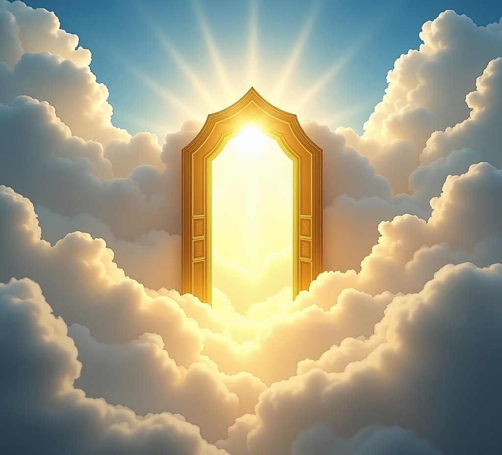  ethereal shiny golden heaven gates or door in the heaven sky, surrounded by white clouds, entrance into paradise, christian religious concept and belief. resurrection or afterlife hope in jesus christ