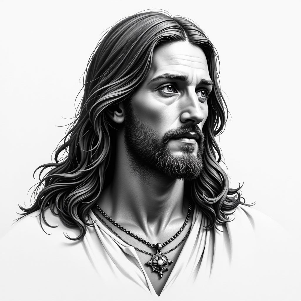  create a tattoo design of jesus , in the style of black and grey which is using black and grey ink to create realistic, shaded designs with a monochromatic palette, on a white background