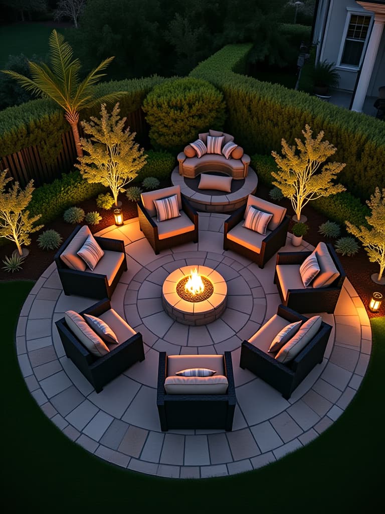  high quality portrait photo of a stunning aerial view of a luxurious backyard patio with a fire pit, comfortable seating, and ambient lighting surrounded by lush greenery at twilight hyperrealistic, full body, detailed clothing, highly detailed, cinematic lighting, stunningly beautiful, intricate, sharp focus, f/1. 8, 85mm, (centered image composition), (professionally color graded), ((bright soft diffused light)), volumetric fog, trending on instagram, trending on tumblr, HDR 4K, 8K