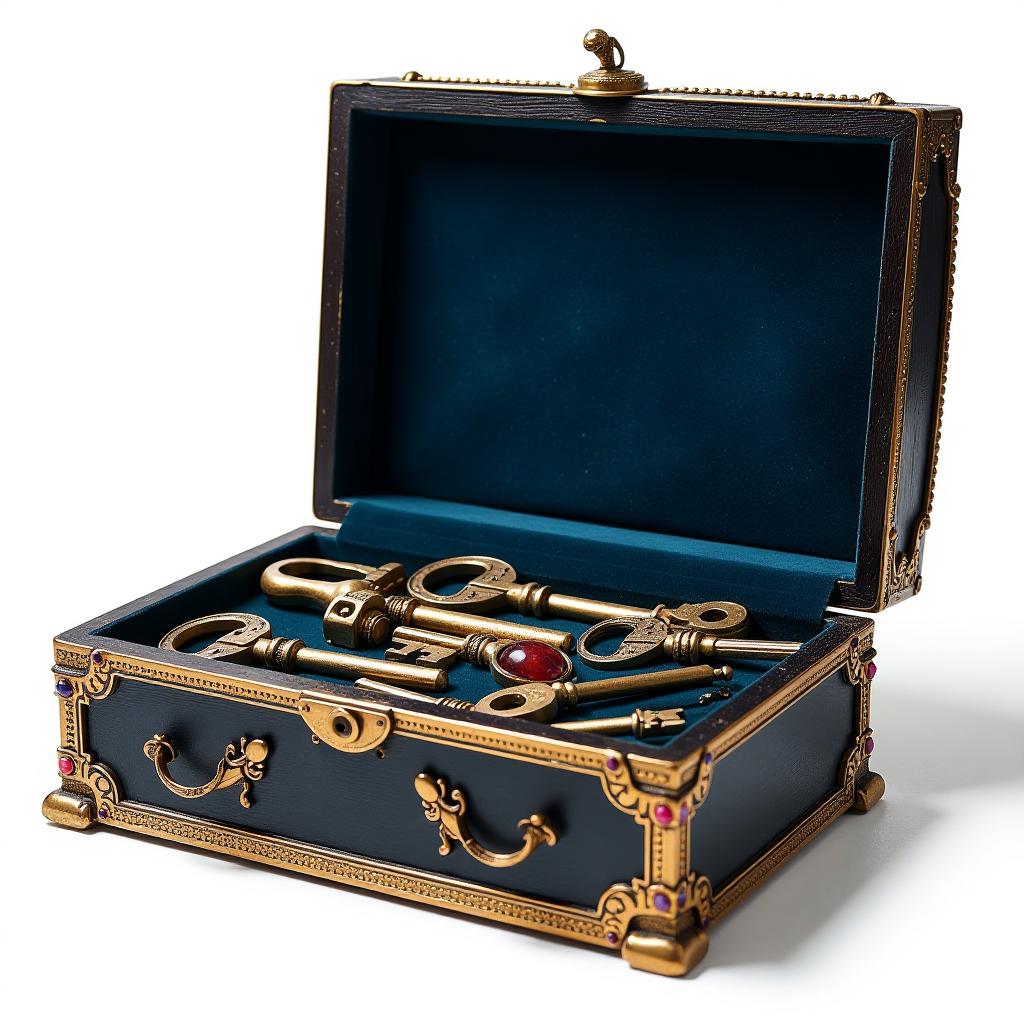  i look into a large, open, ancient, elegant box with a gold edging inlaid with emeralds, sapphires, rubies stuffed with keys and tools. located flat, full face, right in front of my face inside a dark blue velour. on the case of the box is a tag that says "st" in gold. clear image of white background